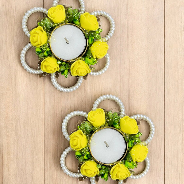 Smaran Handmade Elegant Candle Holder Set of 2 for Festivals, Weddings, Pooja Room & Home Décor, Traditional Indian Decorative Tealight Candle Set (Yellow Flower Pearl Tealight Holder)
