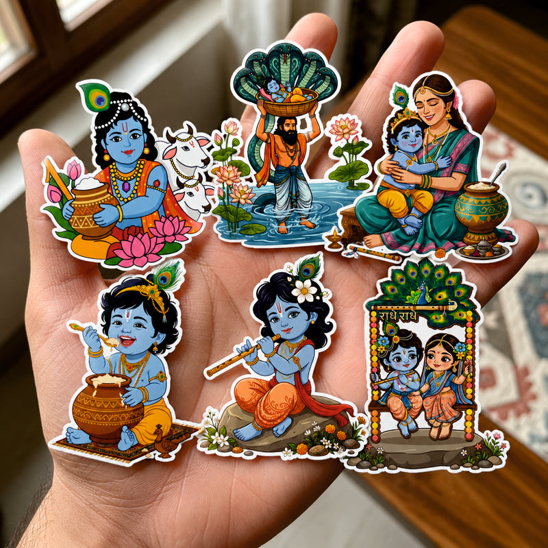 Todfod Krishna Fridge Magnet Set of 6 | 3 Inch Colorful Cartoon Style MDF Wood Hindu Deity Religious Souvenir