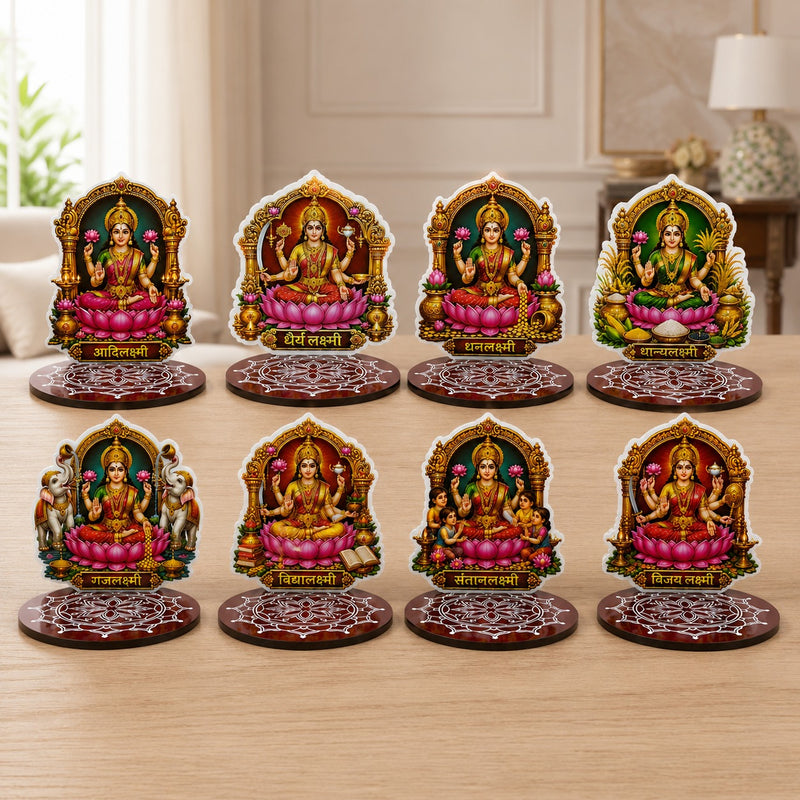 TodFod Ashtalakshmi Tealight Candle Holder Coaster Set of 8 | 3 Inch Wooden MDF Lakshmi Diya Stand for Diwali Pooja Home Decor
