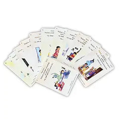 Set of cards with illustrations and text on a white background