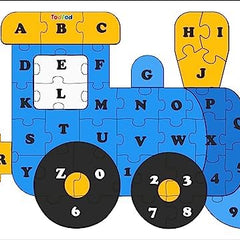 Children's puzzle train with letters and numbers on a white background