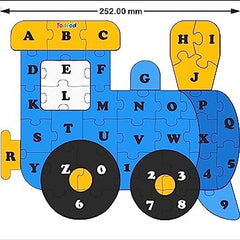 Children's puzzle train with letters and numbers on a white background