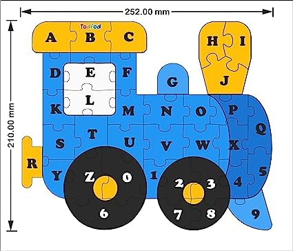 Children's puzzle train with letters and numbers on a white background