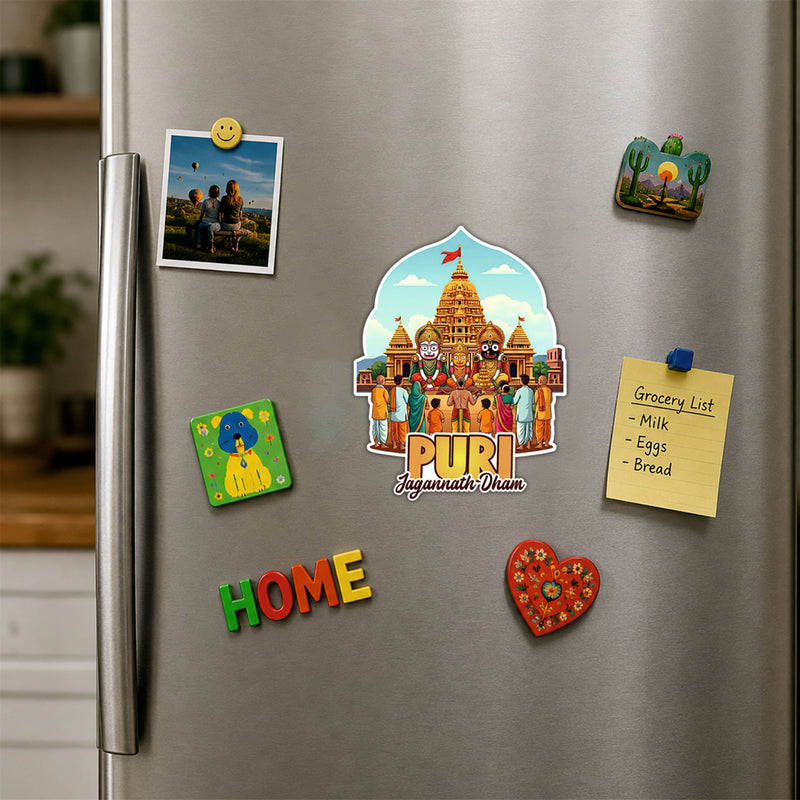 Smaran Puri Jagannath Dham Wooden Fridge Magnet | Temple & Deity Illustration | 3x3 Inch Spiritual Refrigerator Decor for Home Kitchen & Gift