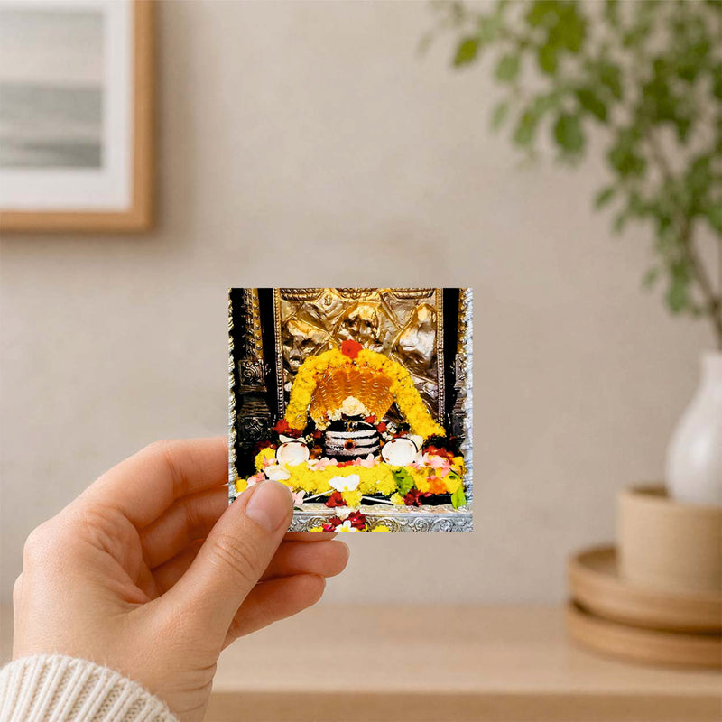 Smaran Mallikarjuna Jyotirlinga Wooden Fridge Magnet | Sacred Deity Shrine Interior with Yellow Garlands & Coconut Offerings | 3x3 Inch Spiritual Refrigerator Decor for Home Kitchen & Gift