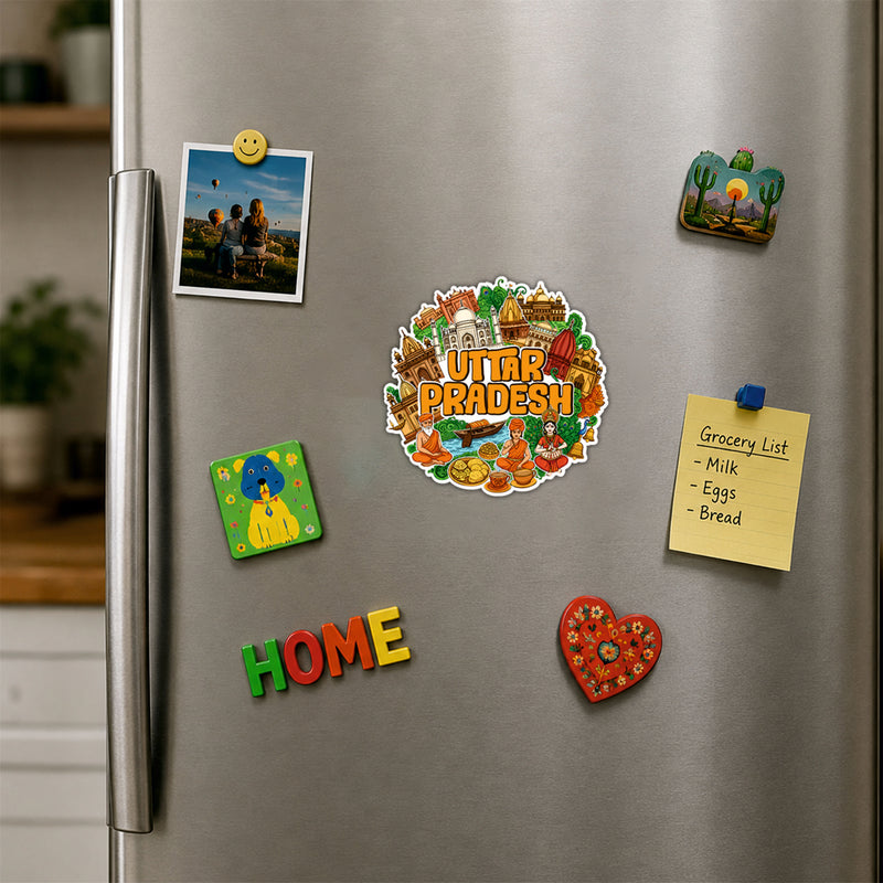 Smaran Uttar Pradesh Wooden Fridge Magnet | Taj Mahal & Cultural Illustration | 3x3 Inch Refrigerator Decor for Home Kitchen & Gift