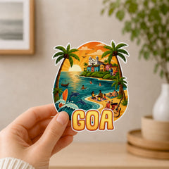 Smaran Goa Wooden Fridge Magnet | Beach Church & Sunset Illustration | 3x3 Inch Refrigerator Decor for Home Kitchen & Gift