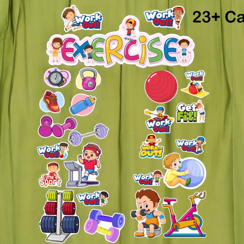 Collection of colorful exercise-themed cards on a green background