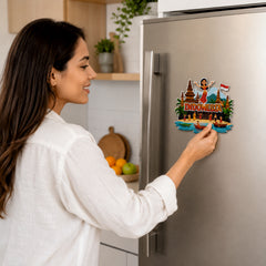 Smaran Indonesia Wooden Fridge Magnet | Traditional Stupa & Island Culture Illustration | 3x3 Inch Refrigerator Decor for Home Kitchen & Gift