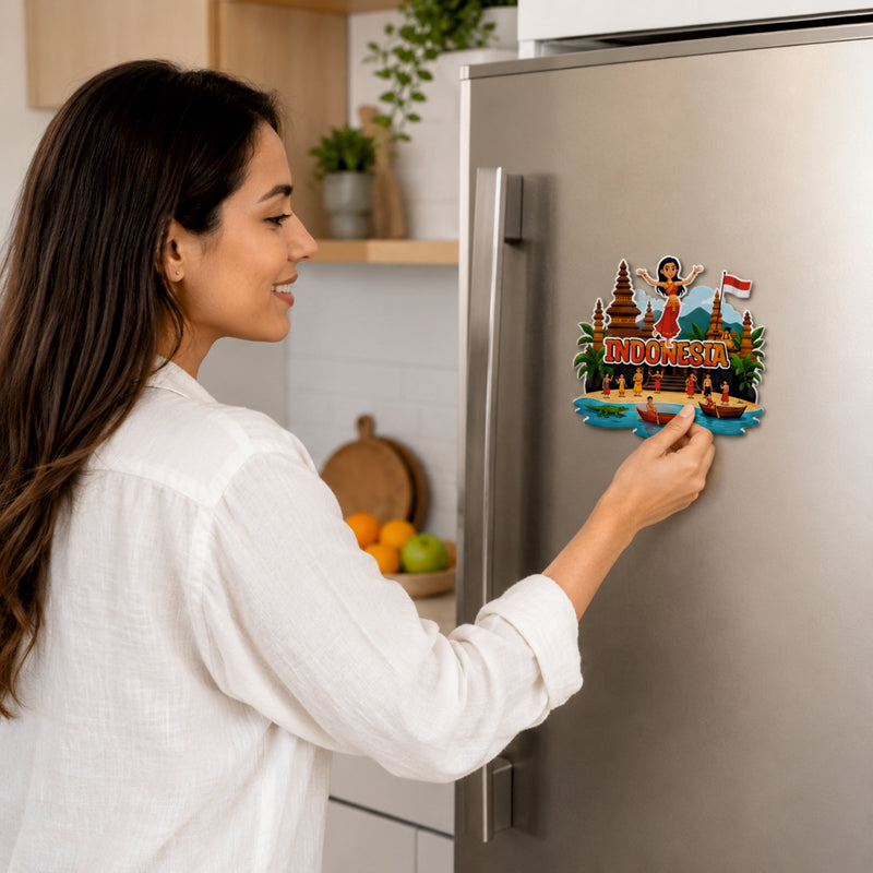 Smaran Indonesia Wooden Fridge Magnet | Traditional Stupa & Island Culture Illustration | 3x3 Inch Refrigerator Decor for Home Kitchen & Gift