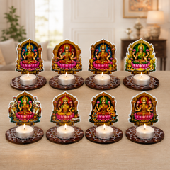 TodFod Ashtalakshmi Tealight Candle Holder Coaster Set of 8 | 3 Inch Wooden MDF Lakshmi Diya Stand for Diwali Pooja Home Decor