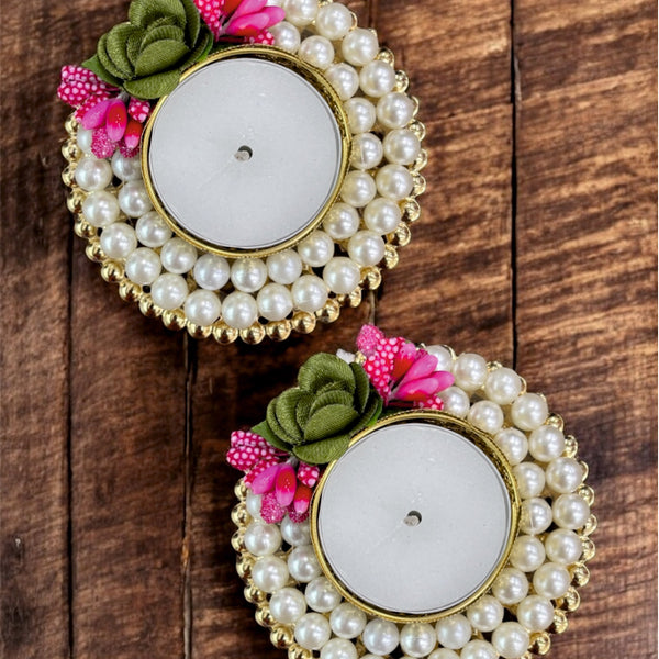 Smaran Handmade Elegant Candle Holder Set of 2 for Festivals, Weddings, Pooja Room & Home Decor, Traditional Indian Decorative Tealight Candle Set (Double Pearl Ring Tealight Holder)