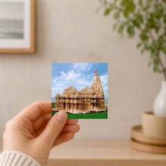 Smaran Somnath Jyotirlinga Wooden Fridge Magnet | Ancient Stone Temple & Sea Illustration | 3x3 Inch Spiritual Refrigerator Decor for Home Kitchen & Gift