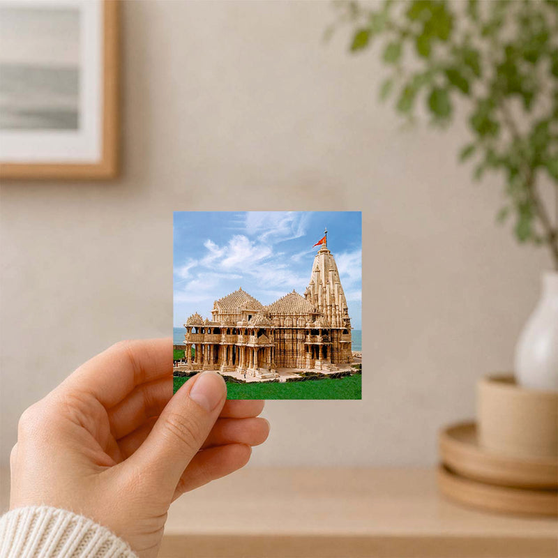 Smaran Somnath Jyotirlinga Wooden Fridge Magnet | Ancient Stone Temple & Sea Illustration | 3x3 Inch Spiritual Refrigerator Decor for Home Kitchen & Gift