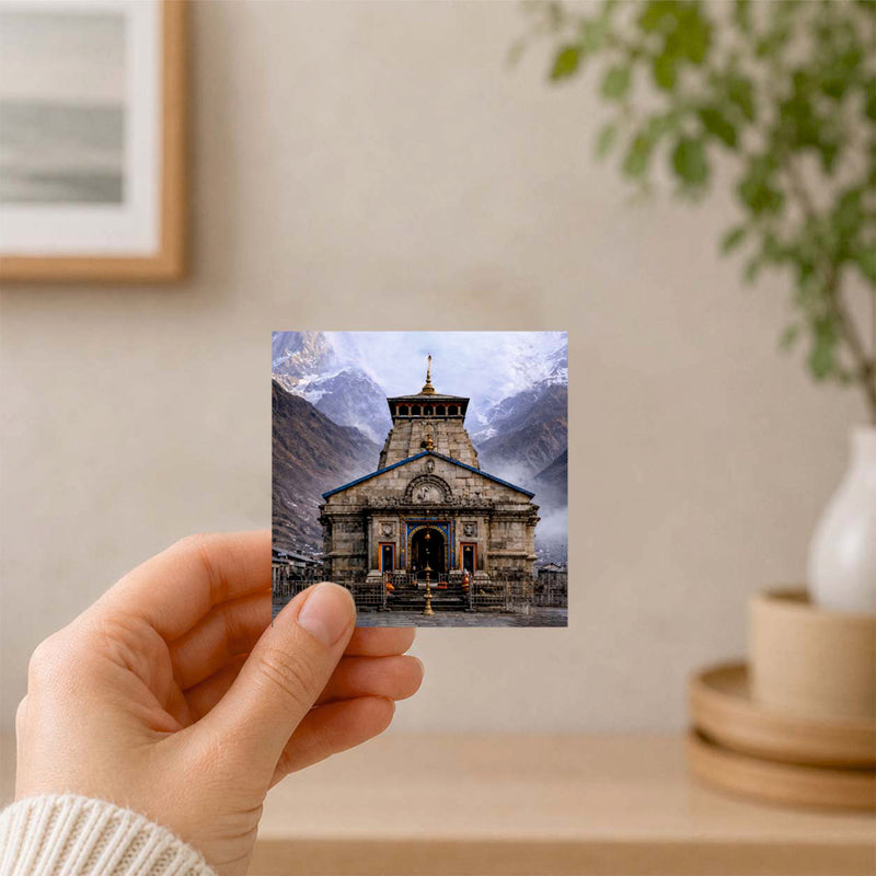 Smaran Kedarnath Jyotirlinga Wooden Fridge Magnet | Snow Mountain Temple Illustration | 3x3 Inch Spiritual Refrigerator Decor for Home Kitchen & Gift