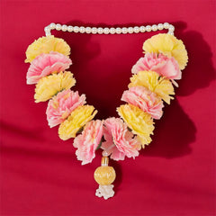 Floral necklace with pink and yellow flowers on a red background