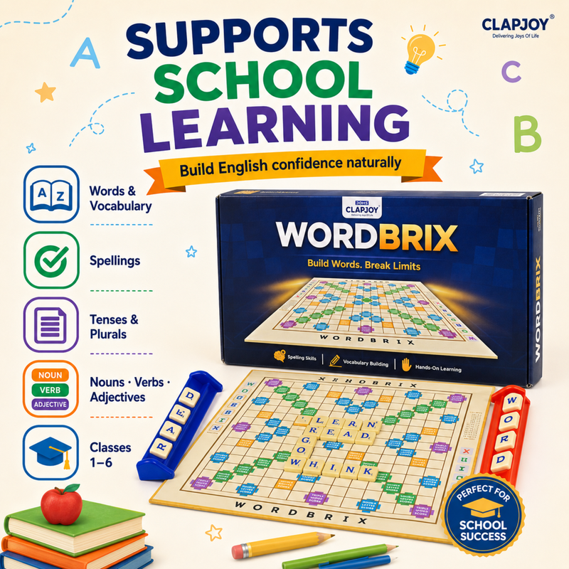 Clapjoy Wordbrix Word Building Board Game for Kids Ages 6-12 | 3-in-1 English Learning Game | Spelling, Vocabulary & Sentence Making | 100 Letter Tiles | 2-6 Players