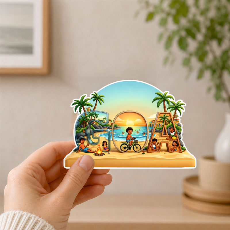 Smaran Goa Wooden Fridge Magnet | Creative Alphabet Beach Scene with Sunset & Palm Trees | 3x3 Inch Wooden Refrigerator Decor for Home Kitchen & Gift