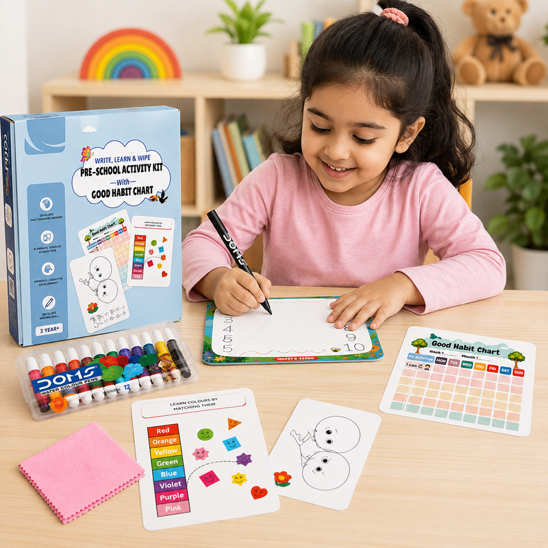Pre-School Activity Kit for Kids 3+ Years | Write Learn & Wipe Tracing Board, Reusable Activity Cards, 12 Color Sketch Pens, Marker & Good Habit Chart