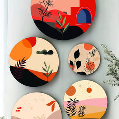 Todfod Abstract Nature Wall Decor Set of 5 | Multi-Size Circular MDF Wood Plaques with Sun, Plants & Butterflies