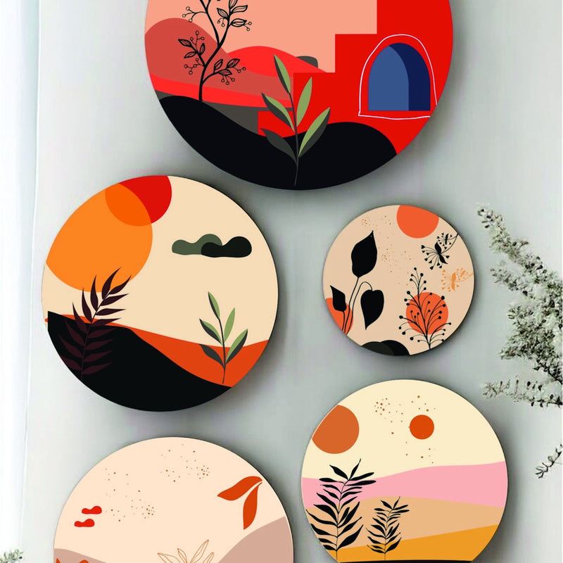 Todfod Abstract Nature Wall Decor Set of 5 | Multi-Size Circular MDF Wood Plaques with Sun, Plants & Butterflies