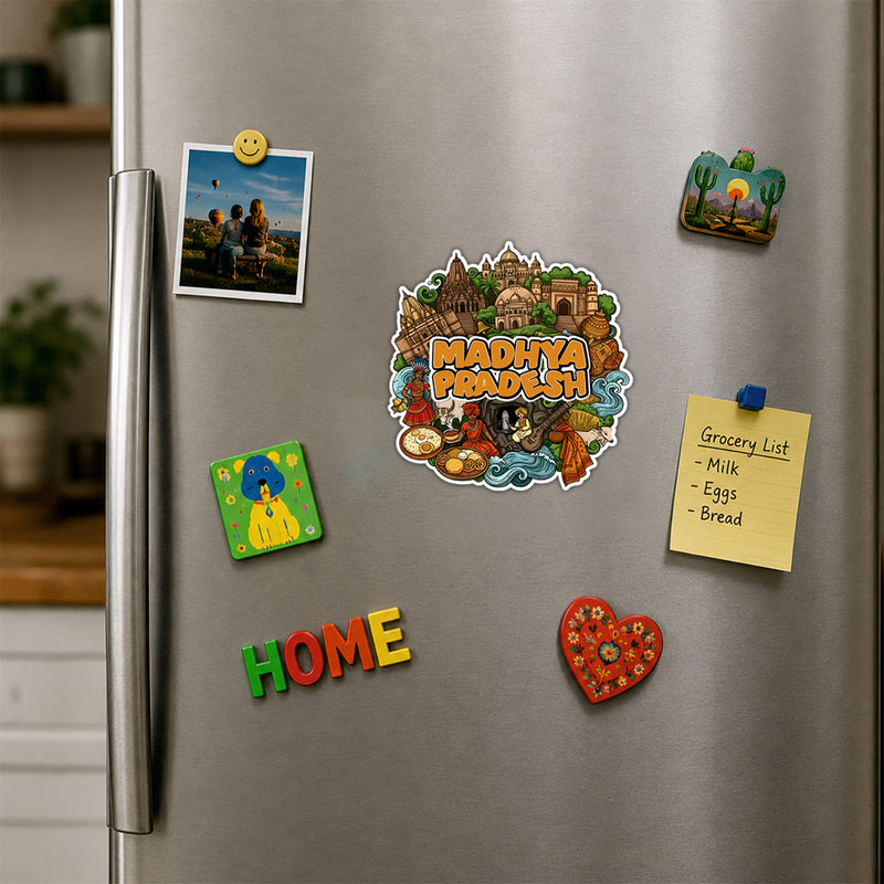 Todfod Madhya Pradesh Heritage Wooden Fridge Magnet – Temple & Culture Illustration, MP Travel Souvenir for Kitchen, Home & Gifting