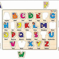 Wooden alphabet puzzle with colorful letters and definitions on a beige background