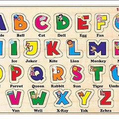 Wooden alphabet puzzle with colorful letters and illustrations on a wooden board.