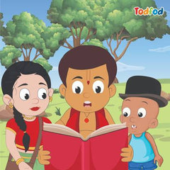 Cartoon characters reading a book outdoors with 'Todtod' branding.