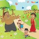 Cartoon illustration of a family playing on a slide in a park with a bear character.