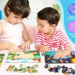 Two children playing with puzzles, surrounded by educational icons and text about cognitive development.
