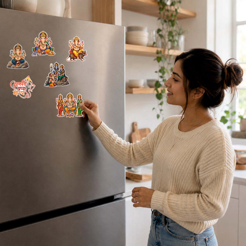 Todfod Ganesha Fridge Magnet Set of 6 | 3 Inch Colorful Cartoon Style MDF Wood Hindu Deity Religious Souvenir