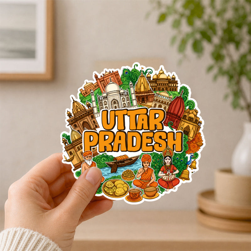Smaran Uttar Pradesh Wooden Fridge Magnet | Taj Mahal & Cultural Illustration | 3x3 Inch Refrigerator Decor for Home Kitchen & Gift