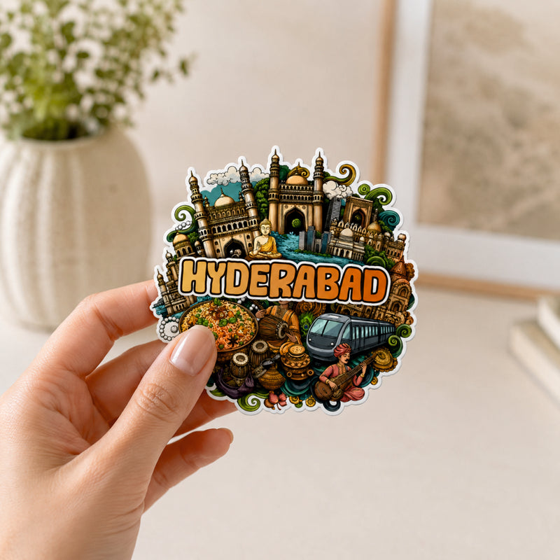 Smaran Hyderabad Wooden Fridge Magnet | Charminar & City Culture Illustration | 3x3 Inch Refrigerator Decor for Home Kitchen & Gift