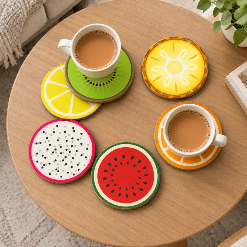 TodFod Fruit Design Wooden Drink Coasters, Set of 6 (4 Inch) – Colorful Coasters for Tea, Coffee, Cups & Glasses