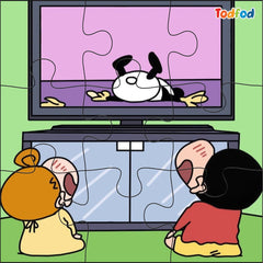 Cartoon characters playing with a puzzle of a panda on a screen.