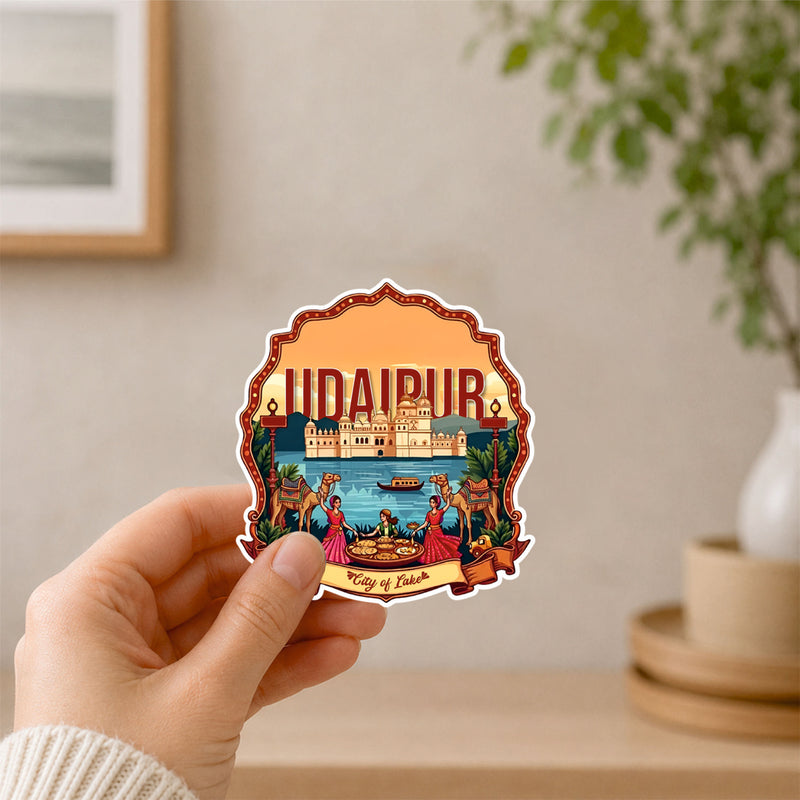 Smaran Udaipur Wooden Fridge Magnet | City of Lakes Lake Palace Illustration | 3x3 Inch Refrigerator Decor for Home Kitchen & Gift