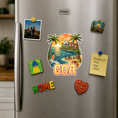 Smaran Goa Wooden Fridge Magnet | Beach Church & Sunset Illustration | 3x3 Inch Refrigerator Decor for Home Kitchen & Gift