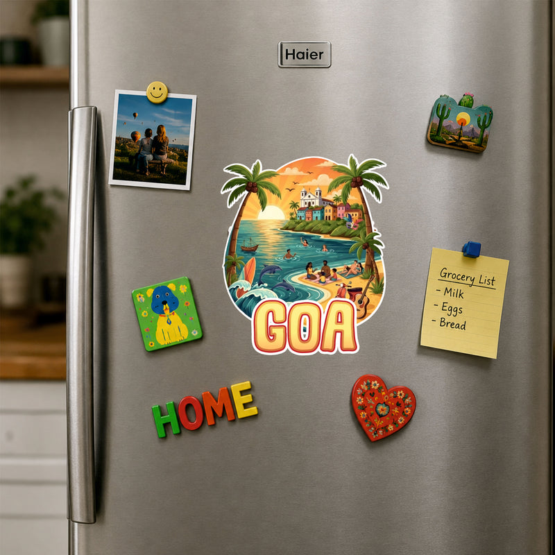 Smaran Goa Wooden Fridge Magnet | Beach Church & Sunset Illustration | 3x3 Inch Refrigerator Decor for Home Kitchen & Gift