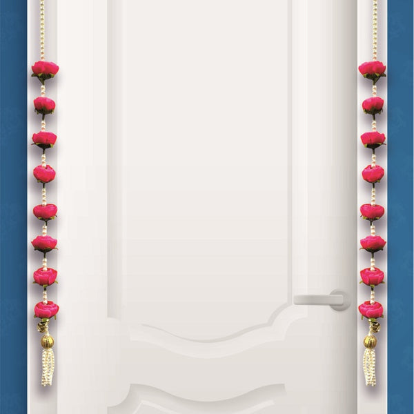 Smaran Pink Peony Rose & Pearl Latkan | Elegant Handmade Artificial Floral Hanging with Beads for Mandir, Door, Pooja Room, Backdrop, Festival & Wedding Decoration