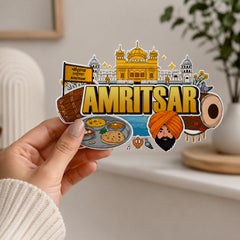 Smaran Amritsar Wooden Fridge Magnet | Golden Temple & Punjabi Culture Illustration | 3x3 Inch Refrigerator Decor for Home Kitchen & Gift