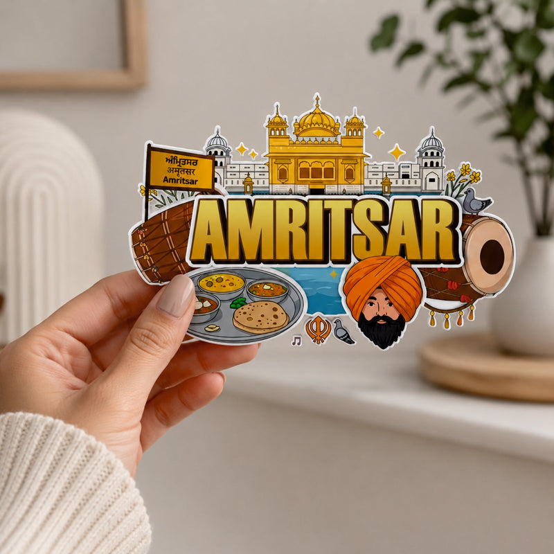 Smaran Amritsar Wooden Fridge Magnet | Golden Temple & Punjabi Culture Illustration | 3x3 Inch Refrigerator Decor for Home Kitchen & Gift