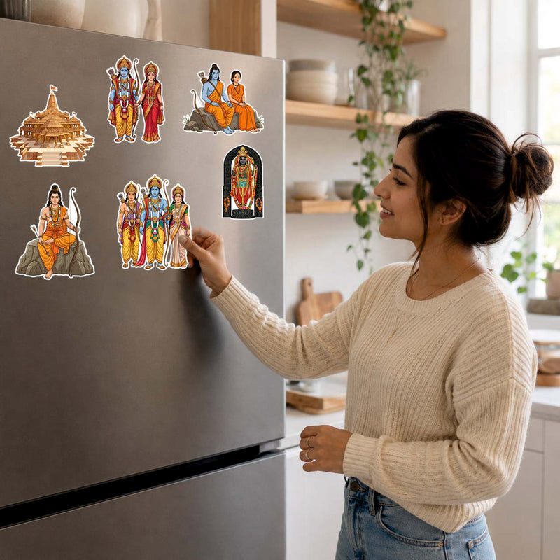 Todfod Ram-Sita Fridge Magnet Set of 6 | 3 Inch Colorful Cartoon Style MDF Wood Hindu Deity Religious Souvenir