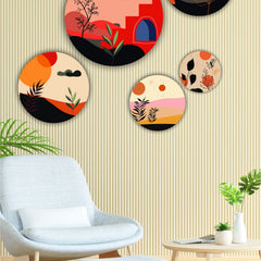 Todfod Abstract Nature Wall Decor Set of 5 | Multi-Size Circular MDF Wood Plaques with Sun, Plants & Butterflies