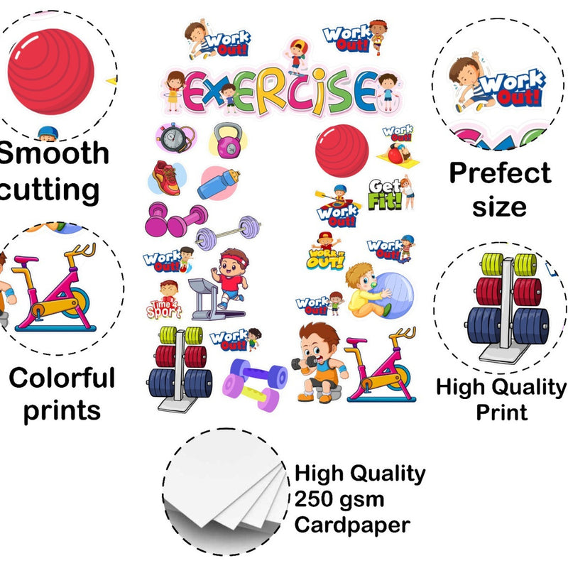 Collection of exercise-themed stickers with various graphics and text on a white background.
