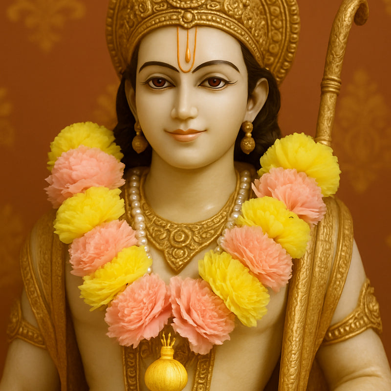 Statue of a deity with intricate jewelry and floral garlands against a patterned background