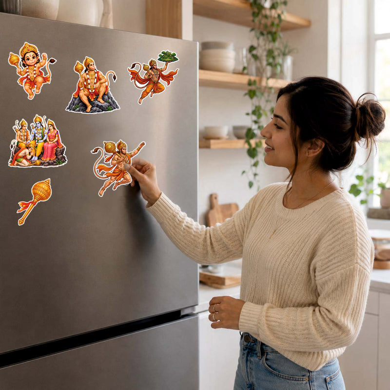 Todfod Hanumanji Fridge Magnet Set of 6 | 3 Inch Colorful Cartoon Style MDF Wood Hindu Deity Religious Souvenir
