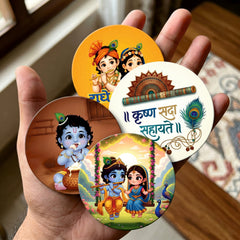Todfod Krishna Fridge Magnet Set of 4 | 3 Inch Radha Krishna Jhula & Janmashtami Circular MDF Wood Magnets