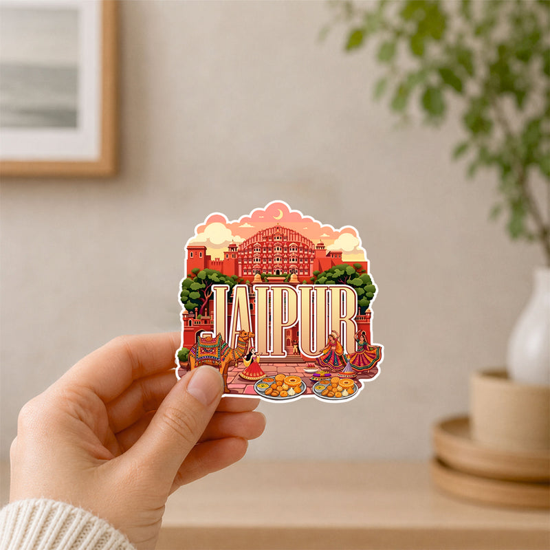 Smaran Jaipur Wooden Fridge Magnet | Pink City Palace & Camel Illustration | 3x3 Inch Refrigerator Decor for Home Kitchen & Gift