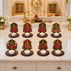 TodFod Ashtalakshmi Tealight Candle Holder Coaster Set of 8 | 3 Inch Wooden MDF Lakshmi Diya Stand for Diwali Pooja Home Decor